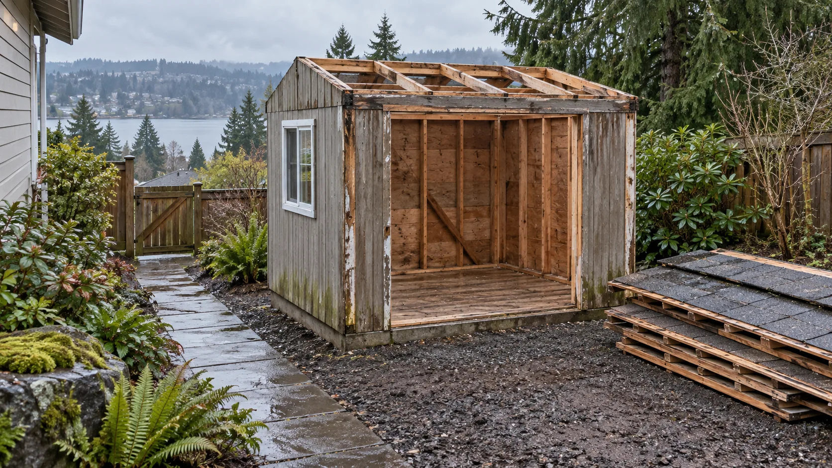 Illustrative partially dismantled backyard shed